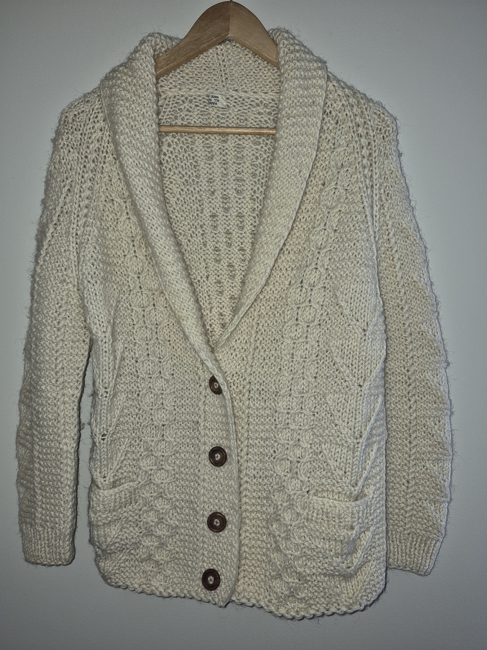 Hand Knit 100% Wool Cardigan Sweater Made in Greece Cream Cable Knit Women Med